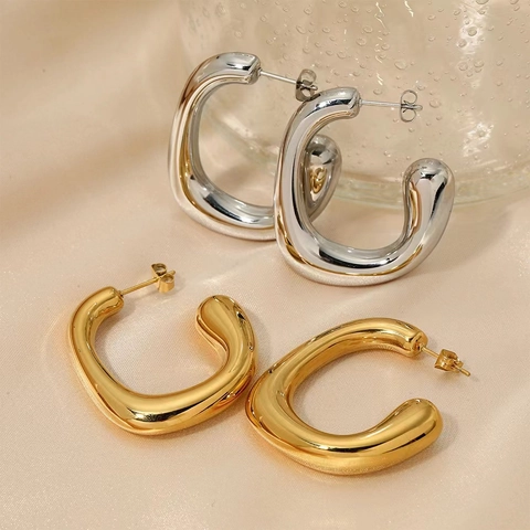 Boucles D'oreilles Créoles Épaisses En Acier Inoxydable Forme C Irrégulière Polissage Miroir Bijoux Géométriques Pour Femmes