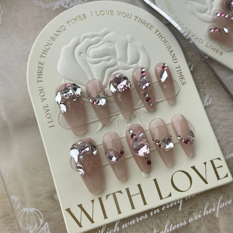 Handmade Coffin Press On Nails Gradient Pink Jelly Heart Rhinestone Artificial Pearl French Luxury Elegant