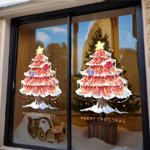 Red Christmas Tree Window Cling Static PVC Double Sided Removable 3D Sticker For Glass Door Shop Home Festive Decor
