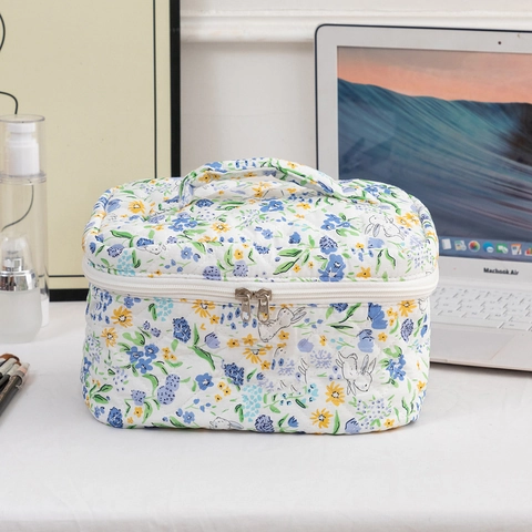 Borsa Per Cosmetici In Cotone Trapuntato Stampa Floreale Coniglio Grande Capacità Organizzatore Trucco Portatile