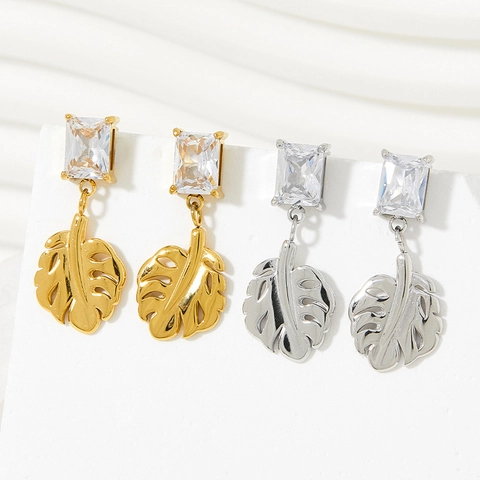 Orecchini A Lobo Monstera In Acciaio Inossidabile Zirconia Rettangolare Design Cavo Tropicale Gioielli Donna