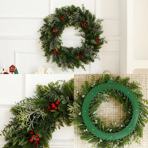 Artificial Christmas Wreath Pine Cones Red Berries Snow Pine Needles Front Door Wall Window Decoration Home Holiday