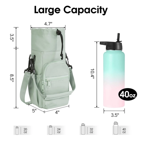 Insulated Water Bottle Carrier Bag Adjustable Strap Twill Fabric Thermal Sleeve Front Zipper Pocket For Outdoor Travel