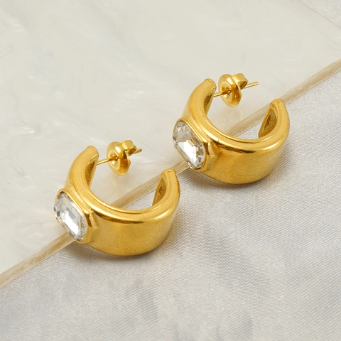 C-Shaped Hoop Earrings 18K Gold Plated Stainless Steel Zircon Rectangular Geometric Chunky Minimalist Fashion For Women