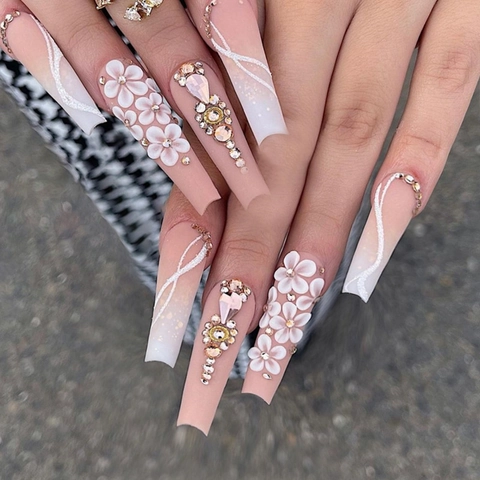 Lange Coffin Press On Nägel Pink Weißer Farbverlauf Mit 3D Blumen Und Strasssteinen Ballett Stil Künstliche Nägel Damen