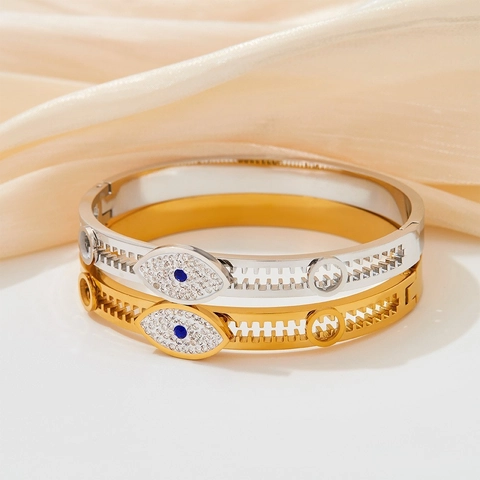 Evil Eye Stainless Steel Bangle For Women Rhinestone Inlaid Gold Silver Plated Cutout Design Fashion Exquisite Jewelry Gift