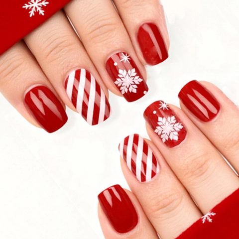 Christmas Red White Snowflake Candy Stripe Press On Nails Short Square Artificial False Nail Tips For Women Holiday Party