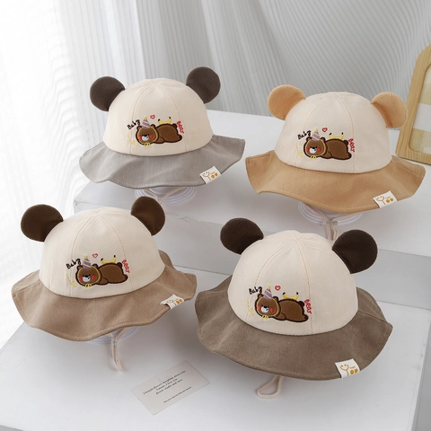 Cappello Da Pescatore Neonato Velluto A Coste Orecchie Orso Ricamate Antivento