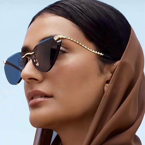 Cat Eye Rimless Sunglasses Women Metal Snake Bone Temples UV400 Protection Trendy Street Style Elegant Eyewear Shades