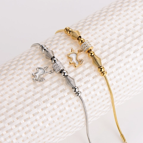 Pulsera De Cadena De Serpiente De Acero Inoxidable Con Colgante De Unicornio Textura Madreperla Y Circonitas Para Mujer