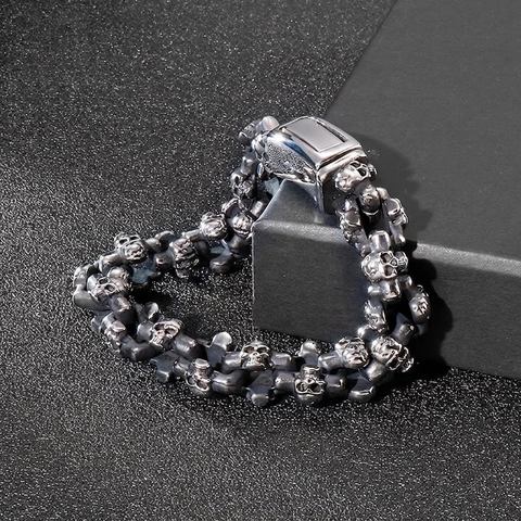 Pulsera De Eslabones Con Calaveras Acero Inoxidable 316L Punk Gótico Vintage Joyería Para Hombres Color Plata Antigua Estilo Biker
