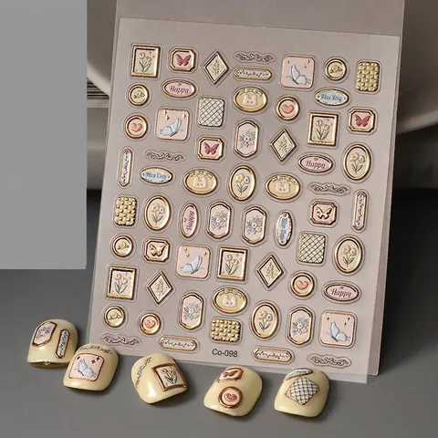 Stickers Ongles Relief 5D Rétro Doré Fleurs Papillon Lapin Cadre Design DIY Manucure Décoration Accessoires