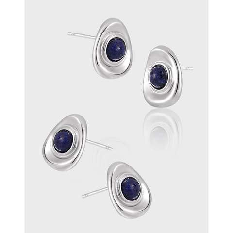 Orecchini a Bottone Geometrici Ovali in Argento Sterling 925 da Donna Minimalista Intarsiato Lapislazzuli Gioielli