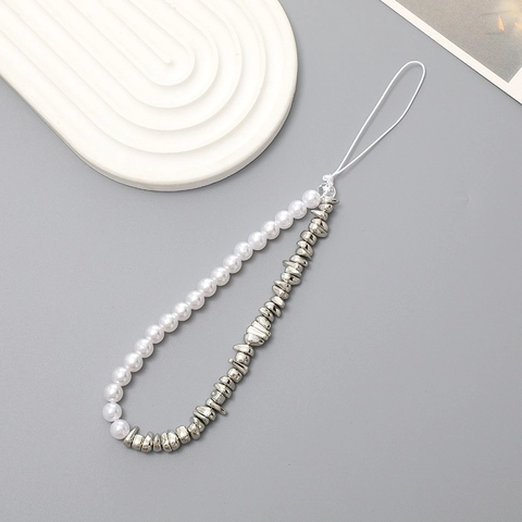 Korean Style Asymmetric Imitation Artificial Pearl Broken Silver Beaded Phone Chain Anti-Drop Strap For Women Phone Case Accessory
