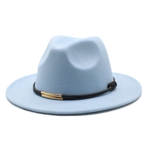Fedora Hat Woolen Felt Wide Brim Vintage British Style Jazz Cap For Men Women With Braided Belt Golden Buckle Decoration