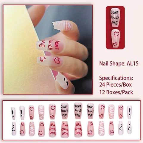 Press On Nails Long Coffin Fake Nails Red Heart Ghost Print Letter Design Glossy Artificial Nails For Women