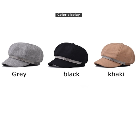 Women Newsboy Cap Retro Woolen Nylon Octagonal Hat With Sparkling Rhinestones Fashion British Style Solid Color Beret