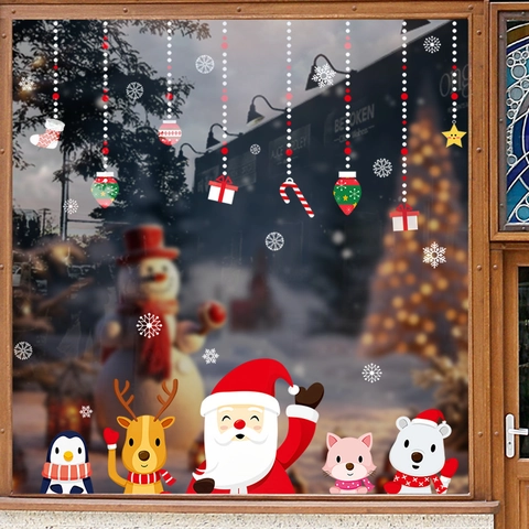 Christmas Window Clings Static Adsorption PVC Stickers Santa Claus Reindeer Snowflake Glass Decals Festive Home Decor