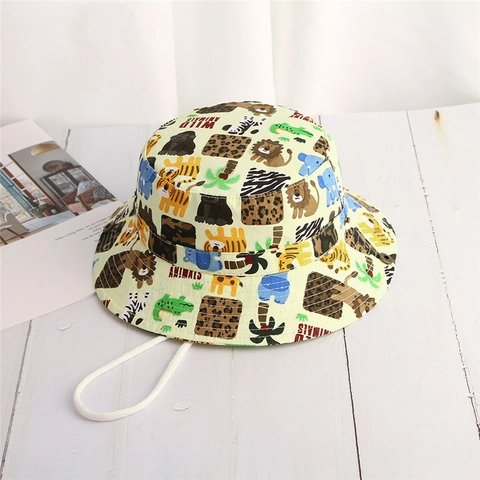 Kinder Fischerhut Baumwolle Cartoon Tierdruck Sonnenschutz Atmungsaktiv Outdoor Kleinkinder Sommer Frühling Druckknopf Windseil