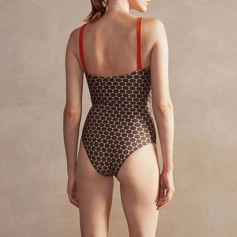 Reversible Swimsuit And Geometric Print Wrap Skirt Polka Dot Backless Orange Straps Vacation Beachwear Women
