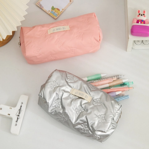 Butterfly Embossed PU Leather Pencil Case Large Capacity Stationery Organizer Pouch Zipper Quilted Puffy School Office