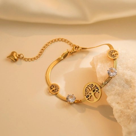 Filigranes Gold Titanstahl Lebensbaum Armband Für Damen Mit Grünen Zirkonia Schlangenkette Schmuck Herz Anhänger Geschenk