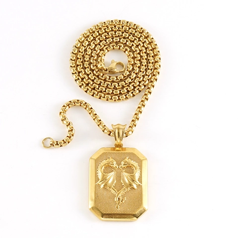 Vintage 18K Gold Plated Stainless Steel Double Dragon Pendant Necklace 3D Relief Square Plaque Hip Hop Punk Box Chain Jewelry