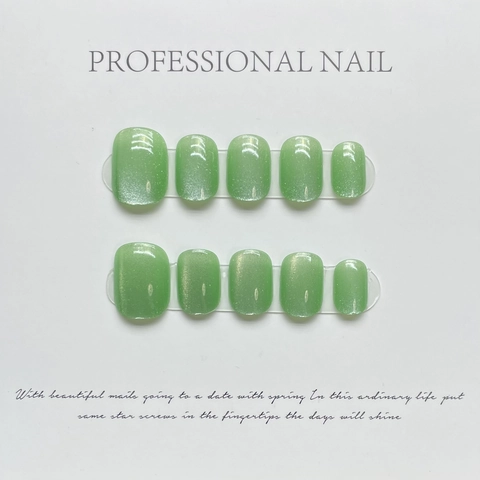 Green Cat Eye Press On Nägel Kurz Rund Quadratisch Glitzer Laser Schimmer Wiederverwendbar Handgefertigte Künstliche Nägel