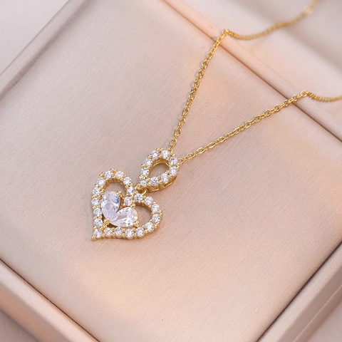 Collar Con Colgante De Corazón De Acero De Titanio Con Circonitas Incrustadas Cadena De Clavícula De Lujo Para Mujer