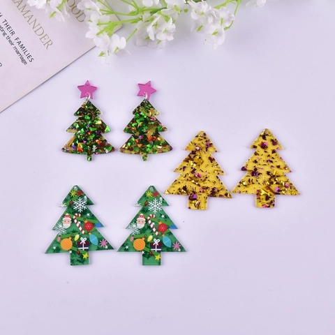 Christmas Tree Pendants Acrylic Glitter Charms For DIY Earring Necklace Making Festive Santa Printed Jewelry Accessories