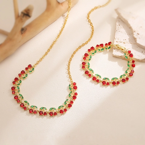 Collana E Bracciale Ciliegia Rame Placcato Oro Zircone Rosso Design Frutta Gioielli Eleganti Per Donna