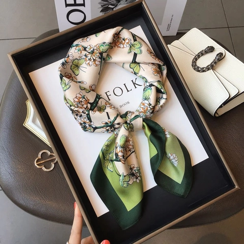 Women Imitation Satin Square Scarf Floral Butterfly Geometric Print Satin Soft Neckerchief Elegant Head Scarf Accessory
