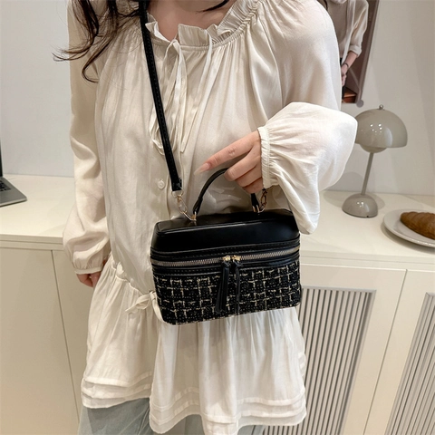 Vintage Tweed PU Leather Crossbody Bag Women Retro Colorblock Vanity Box Bag With Top Handle Gold Hardware
