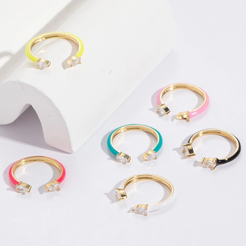 Adjustable Open Ring Copper 14K Gold Plated Teardrop Cubic Zirconia Colorful Enamel Fashion Jewelry For Women
