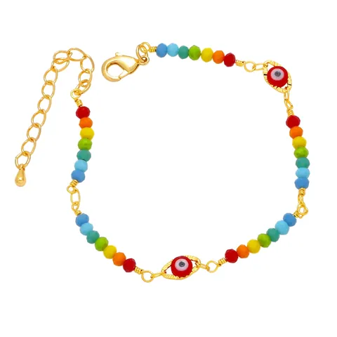Pulsera De Cobre Chapada En Oro Estilo Bohemio Con Dijes De Ojo Turco De Esmalte Y Perlas Artificiales Joyería Retro