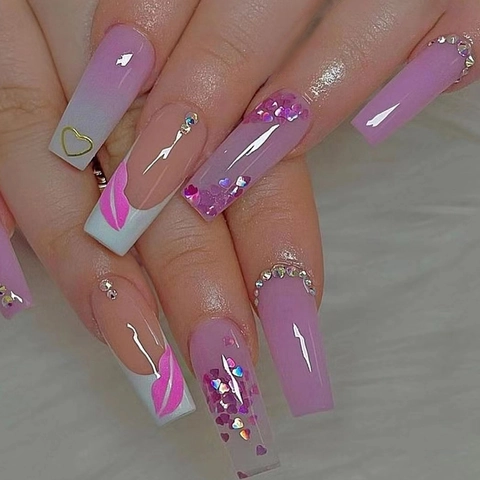 Lange Coffin Kunstnagels Roze Wit Verloop French Tip Hart Steentjes Rode Lippen Patroon Glitter Nagels Voor Dames