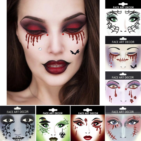 Halloween Face Art Decor Stickers Glitter Rhinestone Blood Tears Spider Web Party Cosplay Makeup Novelty