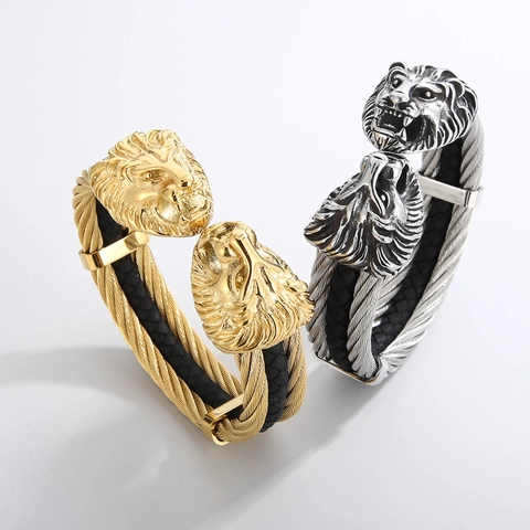 Bracciale Rigido Con Testa Di Leone In Acciaio Inossidabile Per Uomo Viking Punk Dominante Gioielli Da Mano Aperti Accessorio Hip Hop