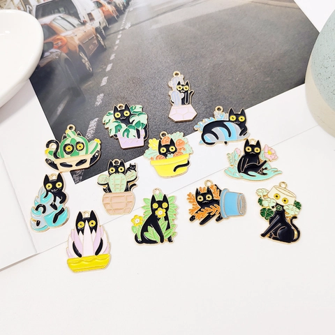 Kawaii Black Cat Charms Alloy Enamel Potted Plant Cactus Pendants For DIY Bracelet Necklace Jewelry Making Cute Animal