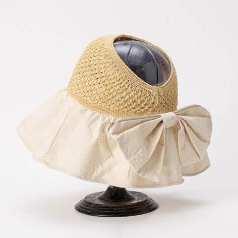 Cappello Visiera Parasole Donna Estate Paglia Intrecciata E Tessuto Jacquard Protezione UV Vuoto Sopra Ala Larga Fiocco