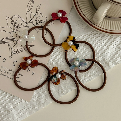 French Vintage Acetate Camellia Flower Hair Tie With Artificial Pearl Elastic Rubber Band Elegant Floral Hair Accessories For Women