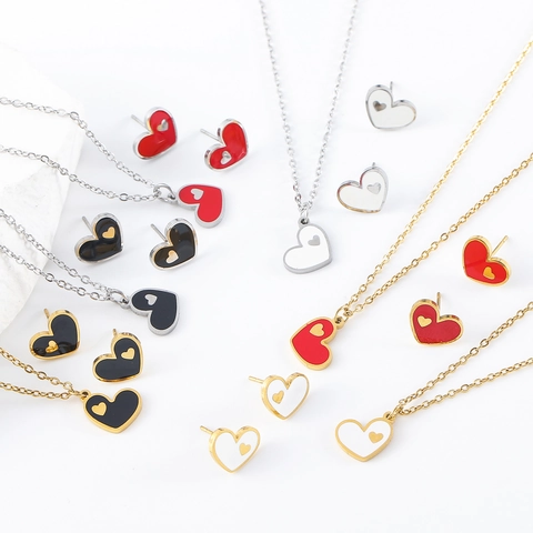 Collana A Cuore E Orecchini A Lobo Da Donna Acciaio Inossidabile 304 Placcato Oro 18K Smalto Stile Retro Francese Gioielli