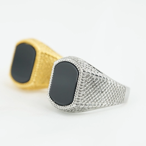 Bague Chevalière Vintage En Acier Inoxydable Obsidienne Noire Style Punk Rétro Bijoux Carrés Pour Hommes
