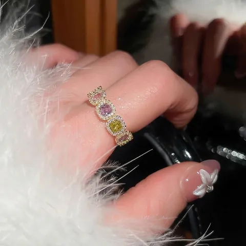 Πολύχρωμο Ανοιχτό Δαχτυλίδι Ζιργκόν 14K Επιχρυσωμένος Χαλκός Τετράγωνο Στρας Ρυθμιζόμενο Κόσμημα Για Γυναίκες