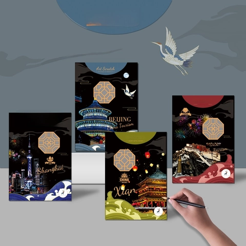 Scratch Art Paper Night City Landmarks Hand Painted DIY Drawing For Kids Adults With Wood Tool Creative Souvenir