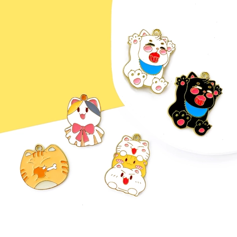 Cat Charms Alloy Enamel Cartoon Animal Pendants For DIY Jewelry Making Necklaces Keychains Cute Kawaii Style