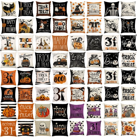 Halloween Decorative Pillow Covers Linen Cushion Case Pumpkin Ghost Spooky Trick Or Treat Living Room Sofa Home Decor