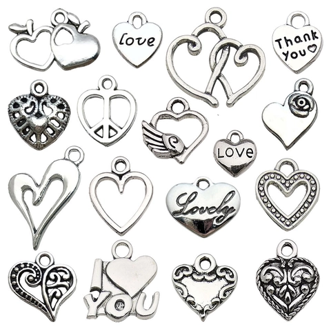 Ciondoli a Cuore Lega Zinco Argento Antico Vintage Per DIY Gioielli Bracciali Collane Amore Pace Ali