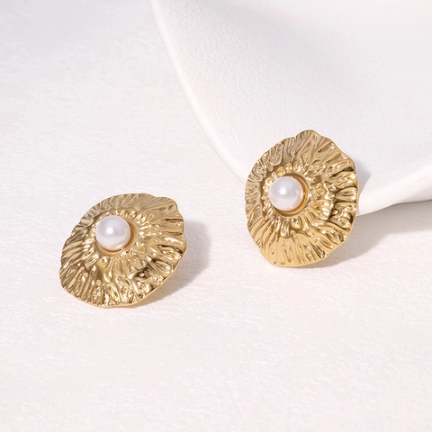 Orecchini A Perno In Acciaio Inossidabile Tondi Martellati Irregolari Con Imitazione Perla Artificial Gioielli Vintage Minimalisti Placcati Oro Donna