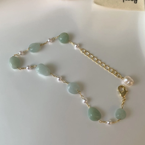 Minimalist 16K Gold Plated Copper Bracelet With Natural Green Aventurine And Freshwater Pearl Adjustable Women Jewelry